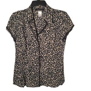 Jones New York Silk Cap Sleeve Button Down Blouse Black & Gray w/Lace Accents